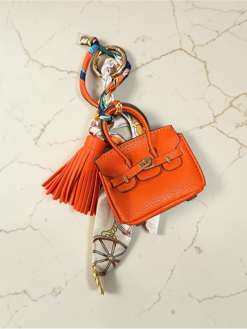 Orange Mini Satchel Key & Card Holder with Tassel and Scarf